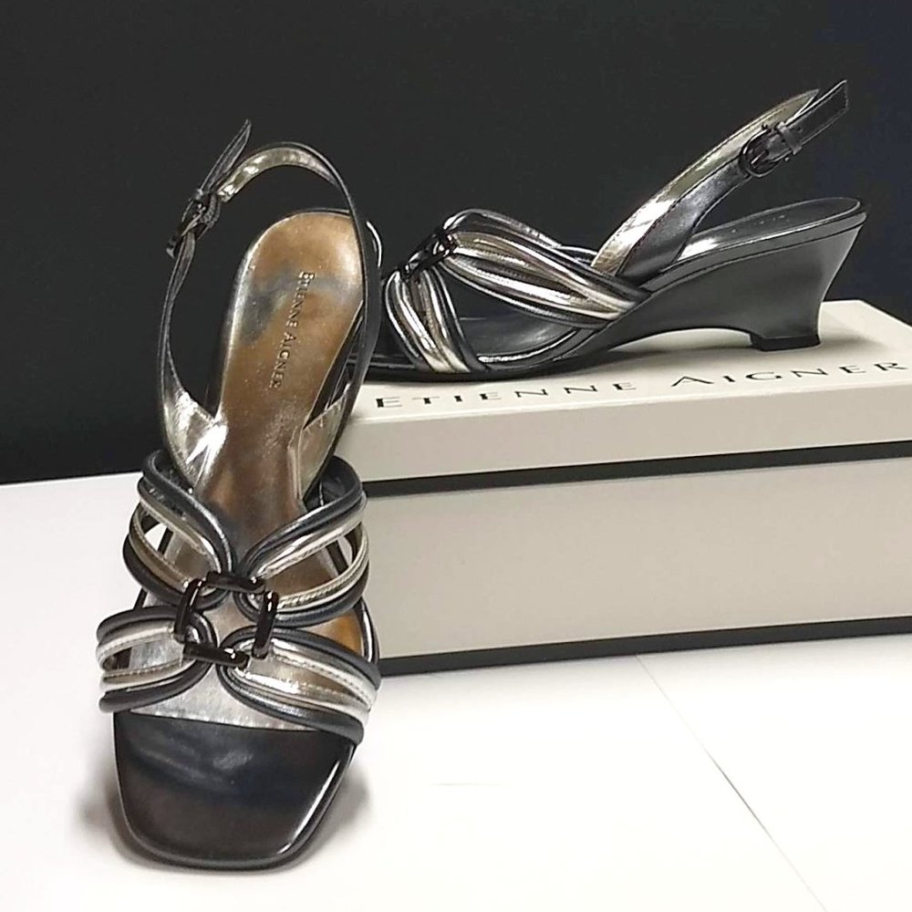 Etienne Aigner Pewter & Silver Dress Wedge
